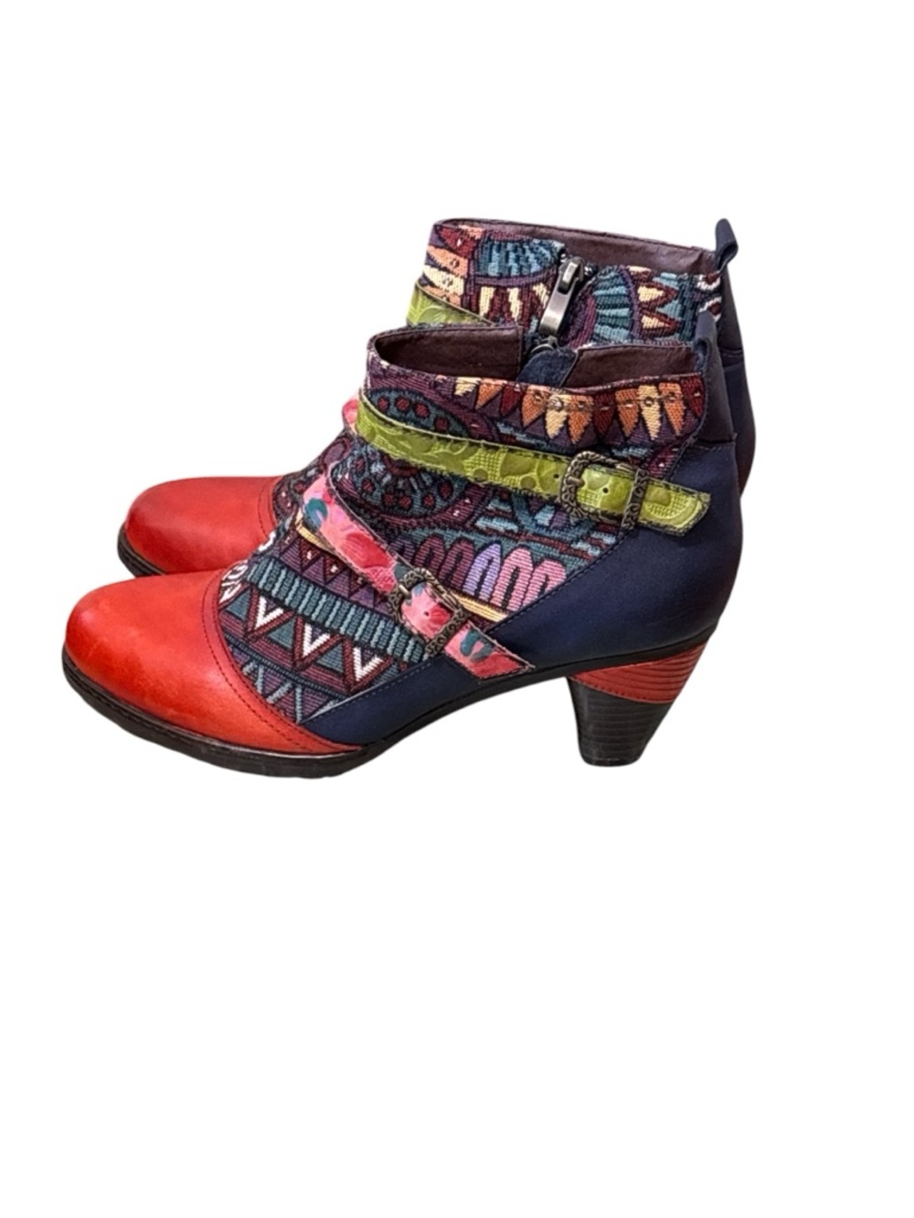 Socofy Women’s  Bohemian Patchwork Multicolor Ankle Boots Side Zip